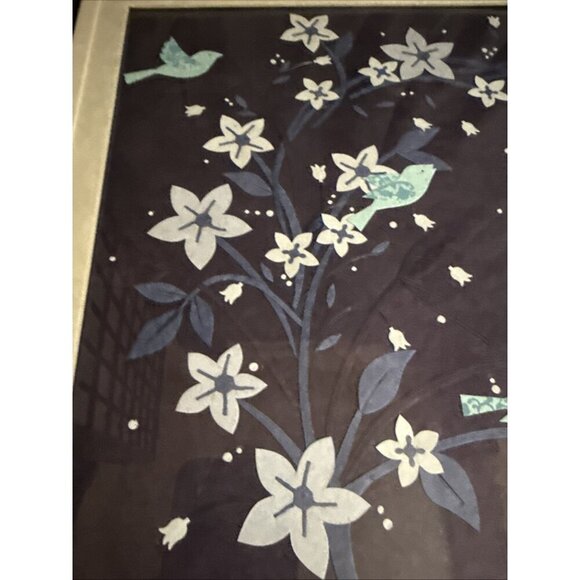 Vintage Chinese Jianzhi Paper Art Framed Bird Flowers Tree Leaves 14x6” Blue - Picture 13 of 16